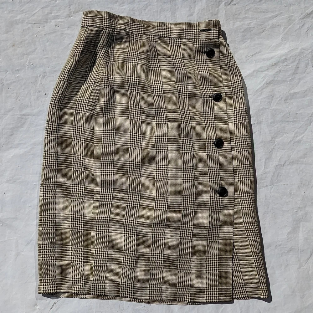 Vintage Button Front Plaid Houndstooth Tan & Black Skirt - Size 0 ?